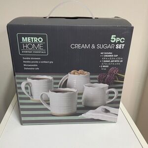 New Metro Home Cream & Sugar Set 5 PC White Stoneware‎ Mugs Creamer Sugar Jar